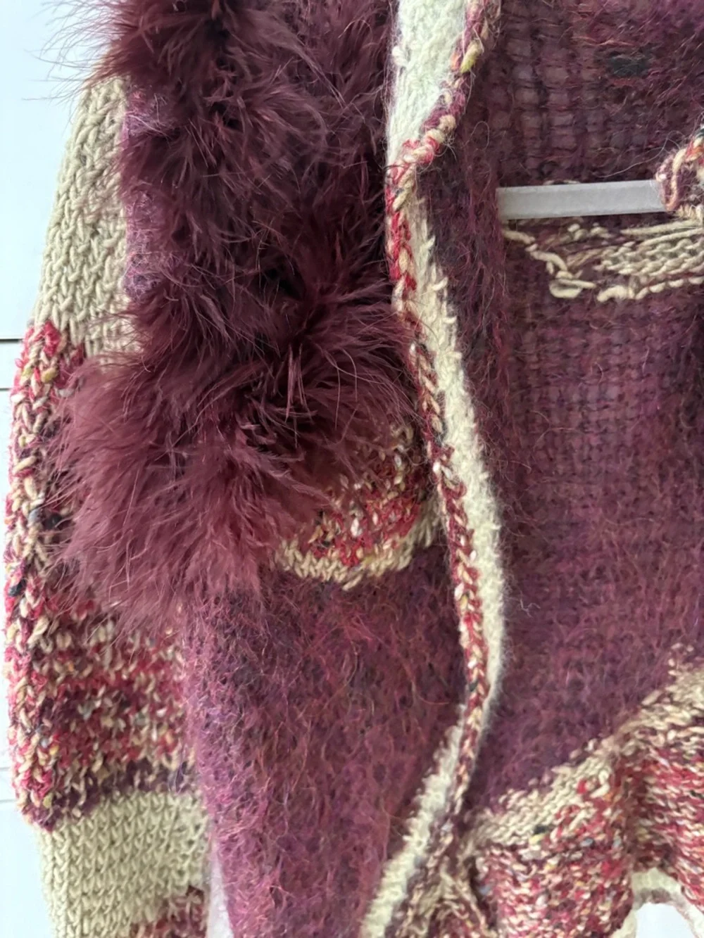 Cozy Burgundy and Cream Open-Front Knit Sweater - Picture 3 of 4